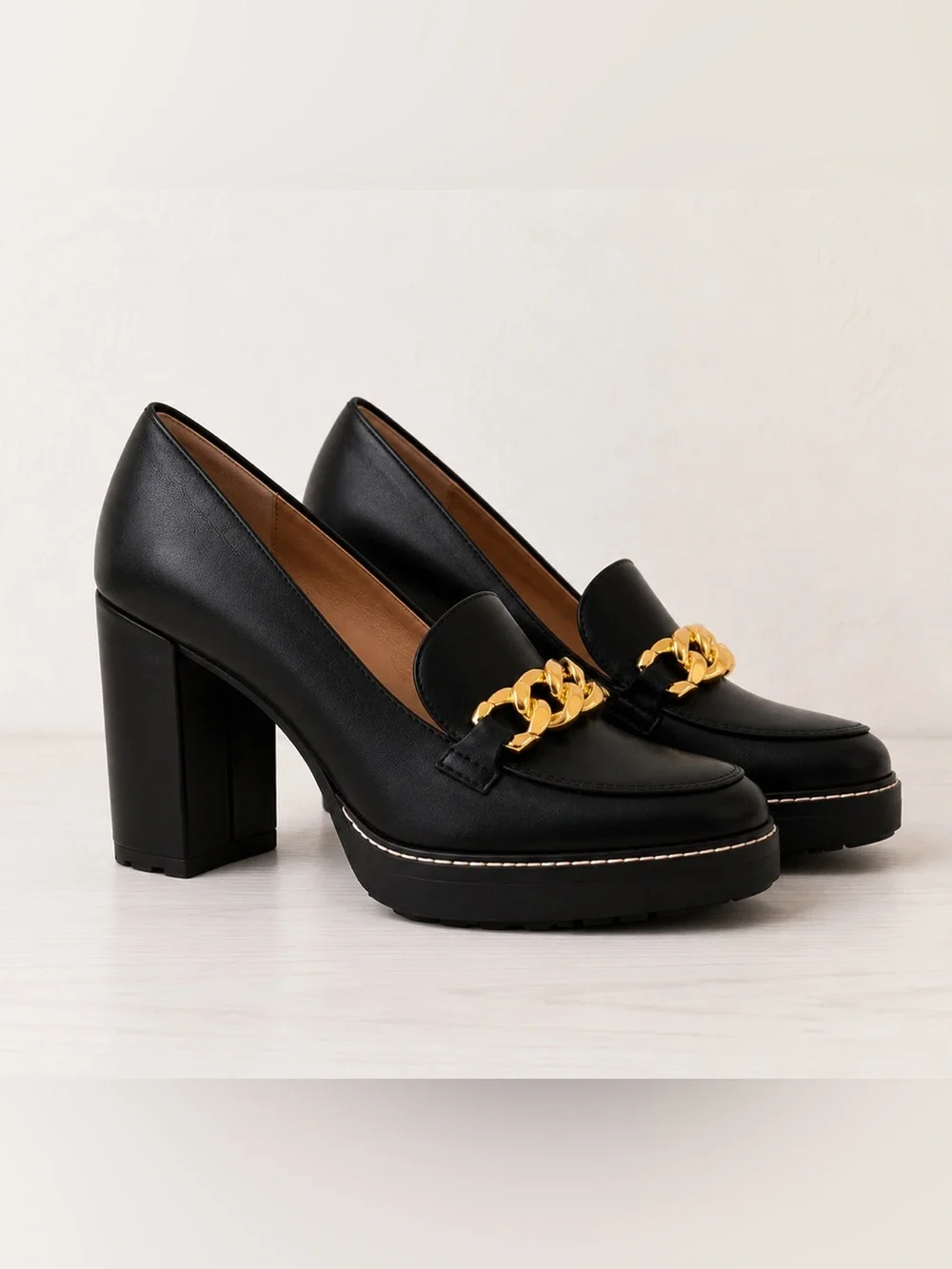 Naturalizer Black Platform Gold Chain Chunky Block 3” Heel Leather Loafers 6.5